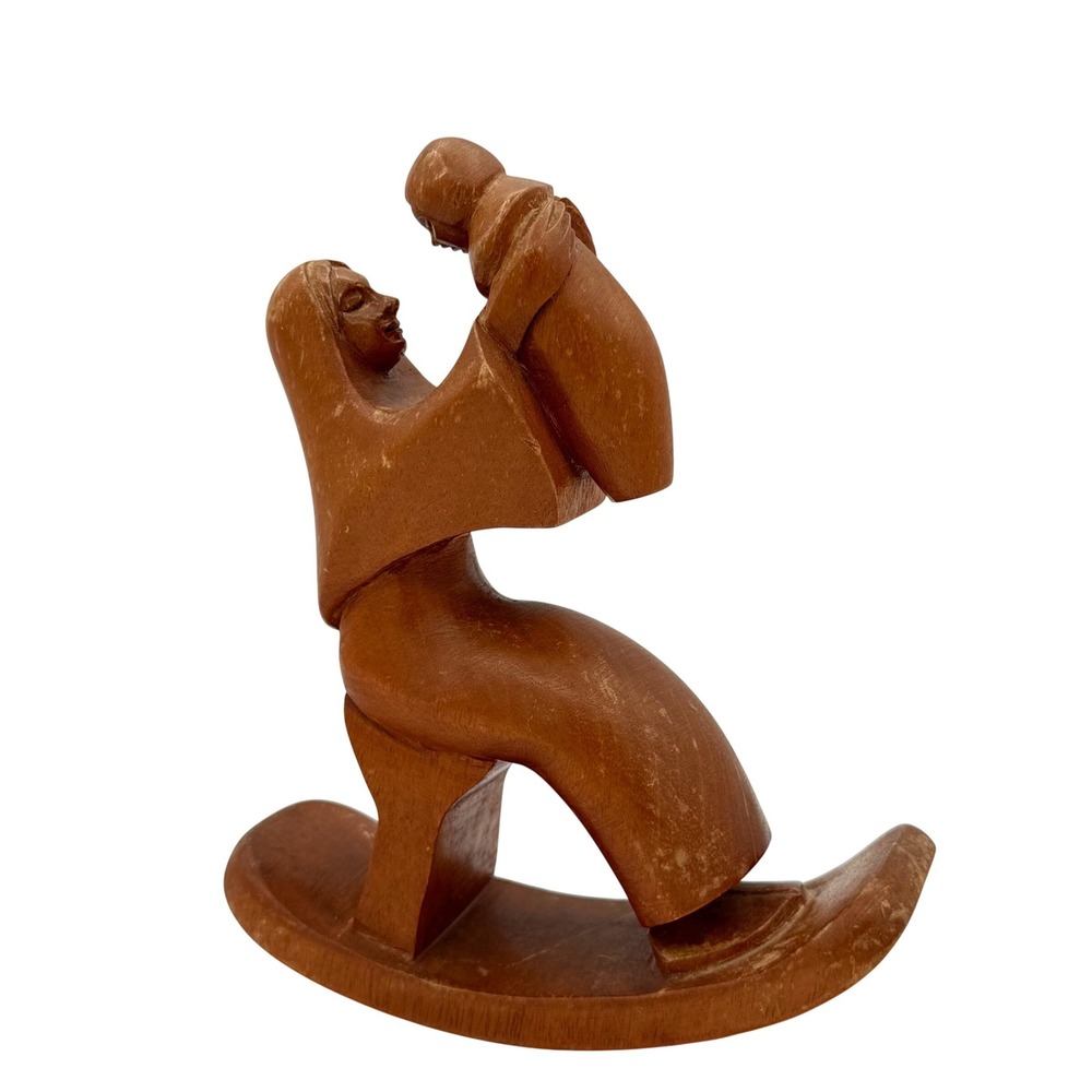Jose Pinal Wood Sculpture Mother Child Mahogany Brown MCM Signed Mexican Art‎